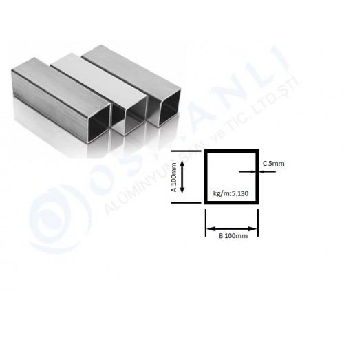 Alüminyum Kutu Profil 100mm X 100mm Et Kalınlık 5mm Alüminyum Kutu Profil 100mm X 100mm Et Kalınlık 5mm